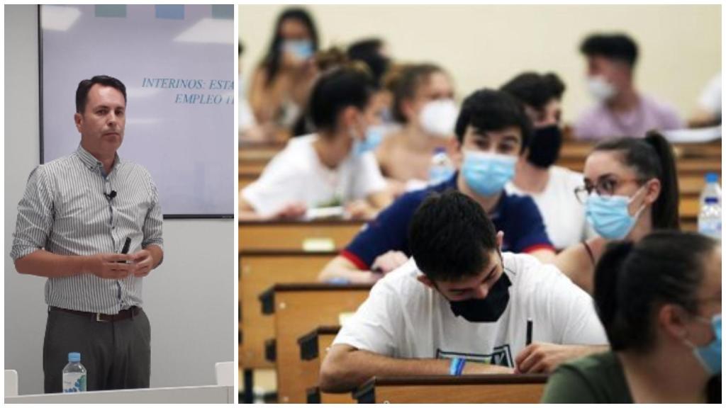A la izquierda, Esteban Serrano, secretario general de ANPE y a la derecha varios alumnos haciendo un examen de Selectividad.