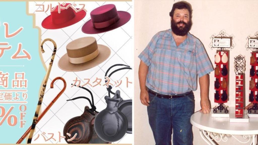 Un anuncio en Japón con palillos sevillanos (a la izquierda) y los fundadores de Castañuelas del Sur (a la derecha).