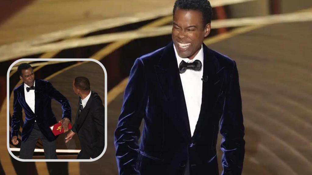 Chris Rock en un montaje de EL ESPAÑOL junto al momento en que sufre la agresión por parte del actor.