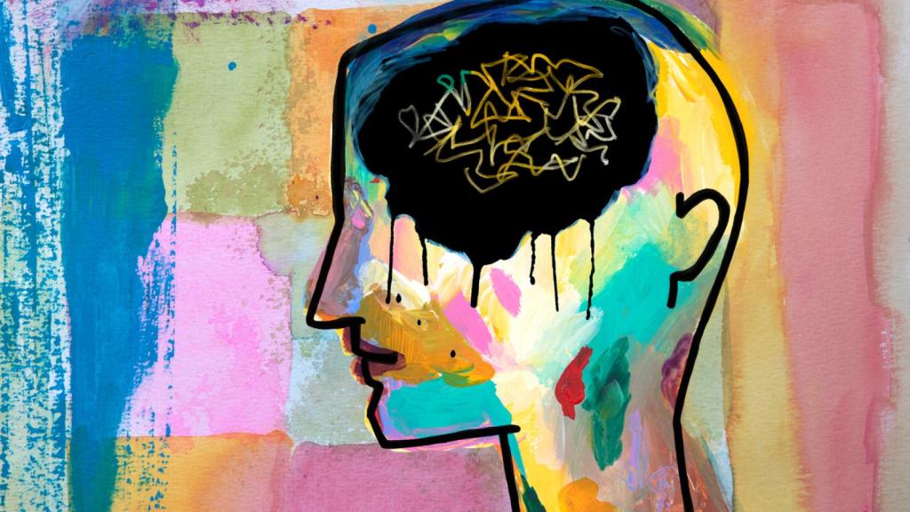 Cuadro de una cabeza de persona con patrón de pensamiento caótico, depresión y tristeza.