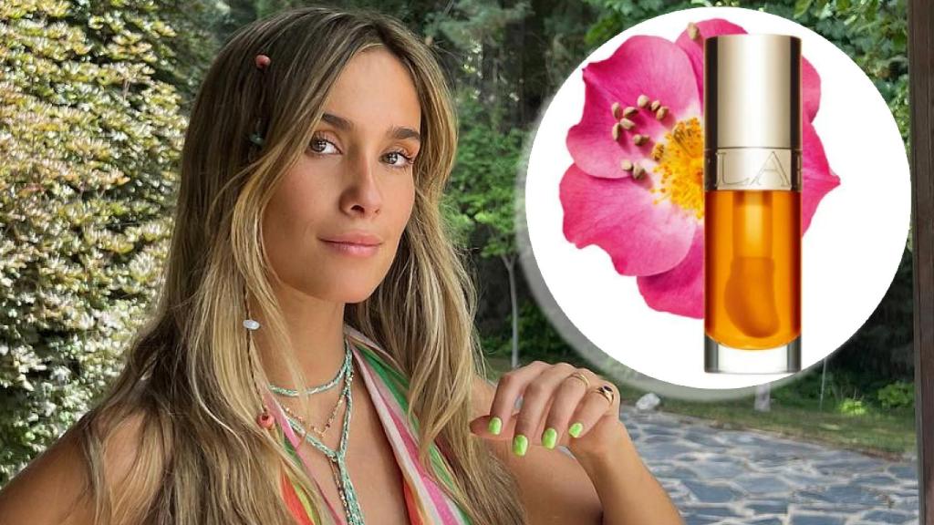 María Pombo y el nuevo aceite de Clarins en un montaje de JALEOS.