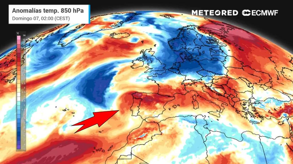 Anomalías de calor previstas para el domingo. Meteored.