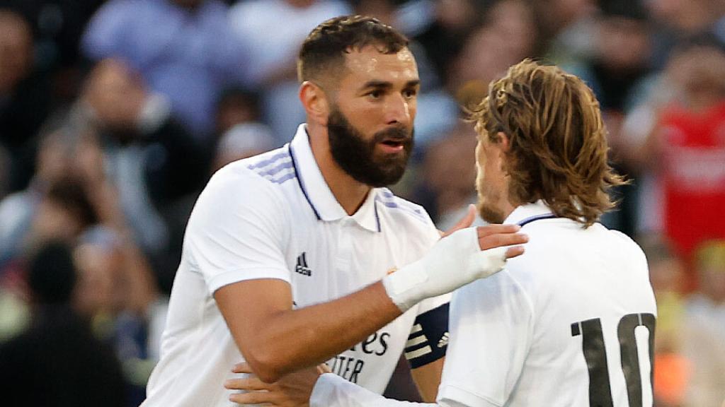Karim Benzema, Luka Modric, Nacho Fernández y Lucas Vázquez durante un partido de pretemporada