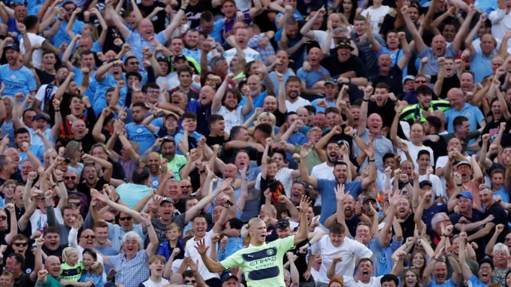 Erling Haaland celebra uno de sus goles con el Manchester City.