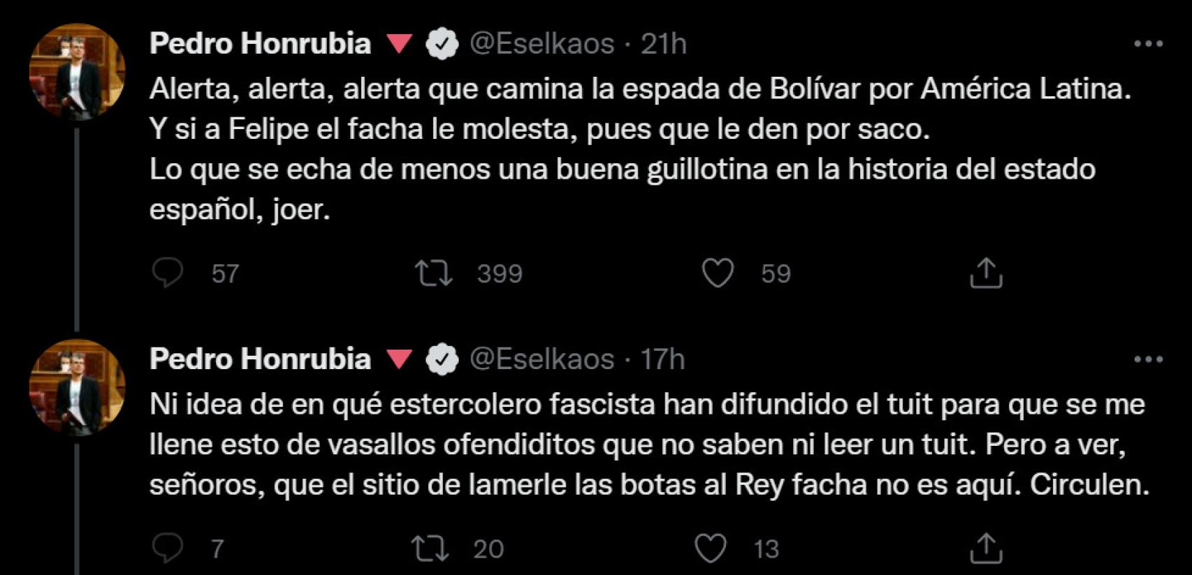 Los mensajes publicados el lunes por el diputado de Unidas Podemos Pedro Honrubia.