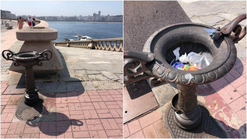 La bajada a la playa de las Amorosas y la fuente de beber ejerciendo de papelera