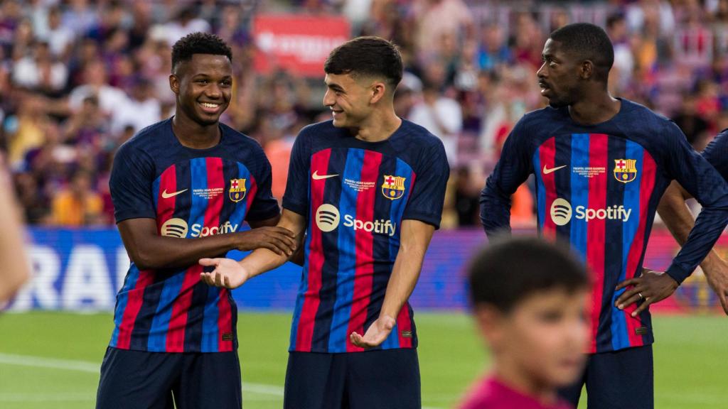 Ansu Fati, Pedri González y Ousmane Dembélé.