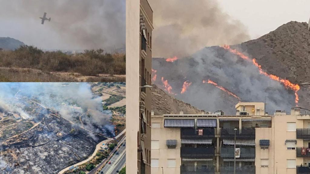 Imágenes de los tres incendios, el de Hondón de las Nieves, arriba a la izquierda, el de Guardamar abajo y el de Callosa del Segura.