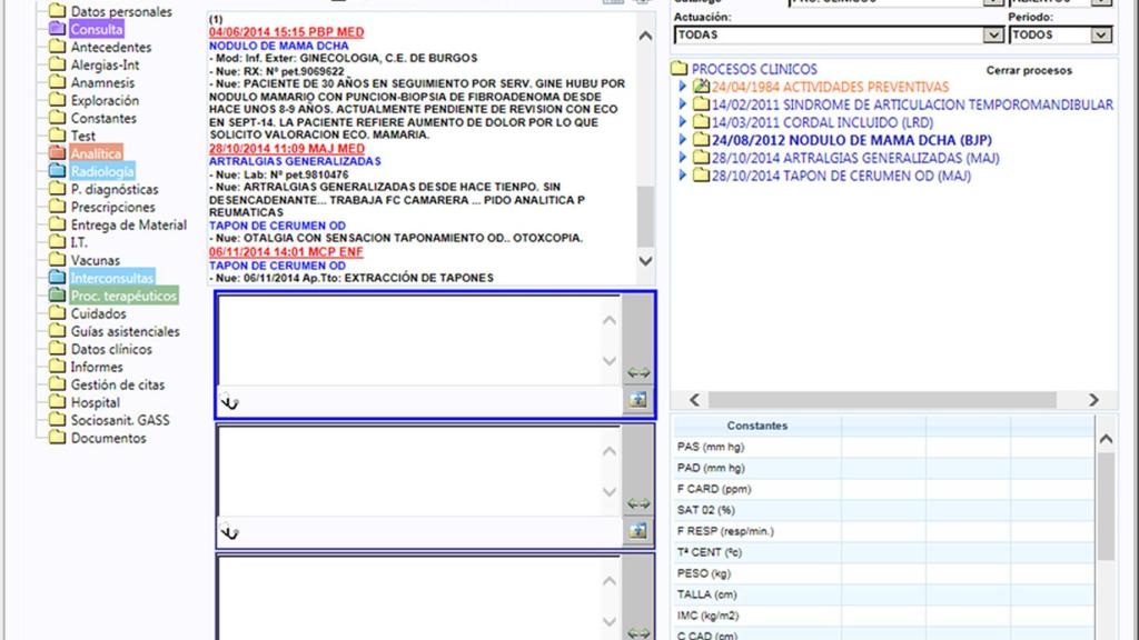 Pantalla principal de la historia clínica de un paciente en MedoraCyL