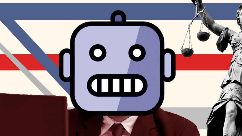 Fotomontaje con un abogado, un emoji de un robot y la estatua de la Libertad.