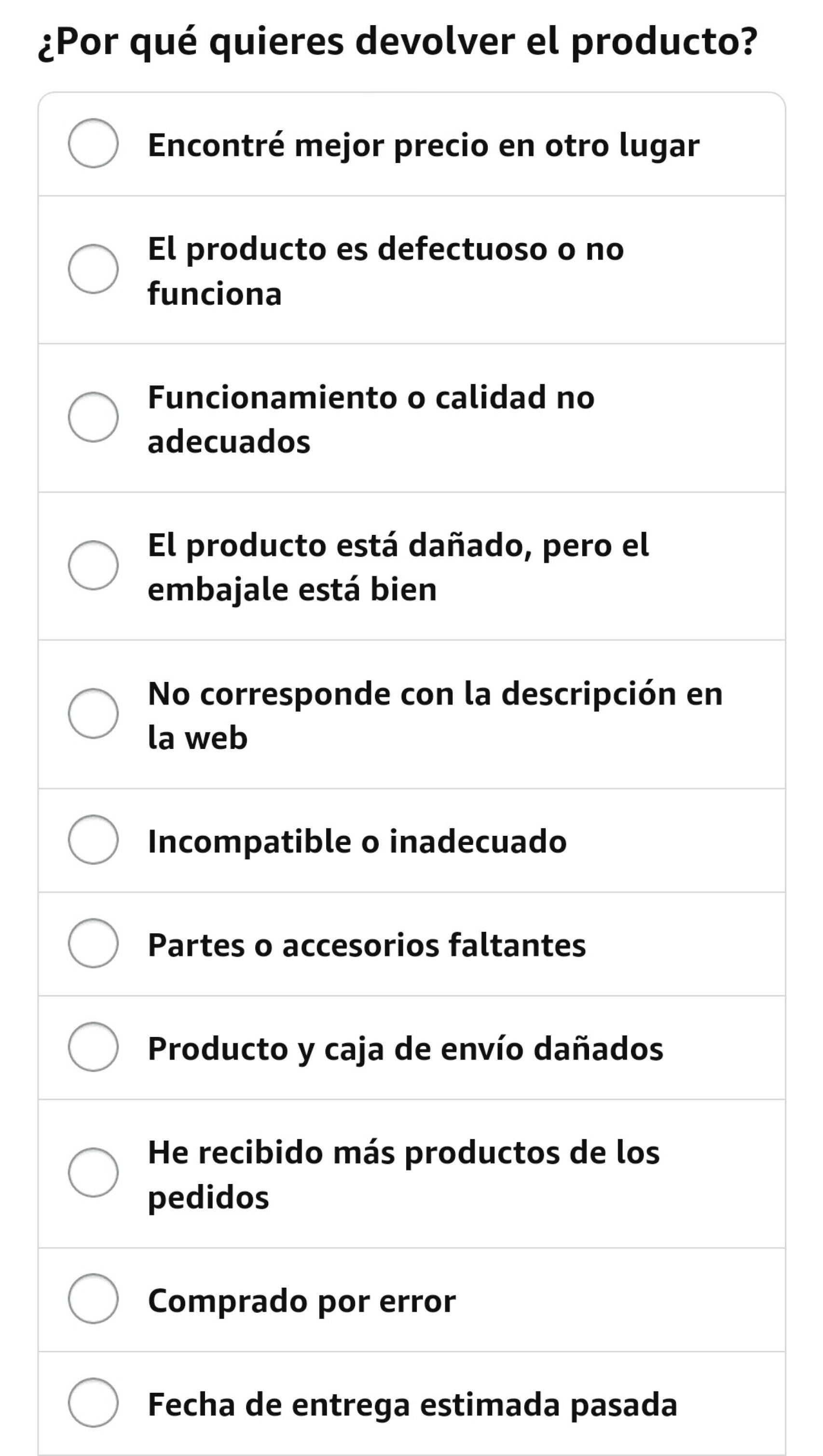 Motivos de devolución en Amazon