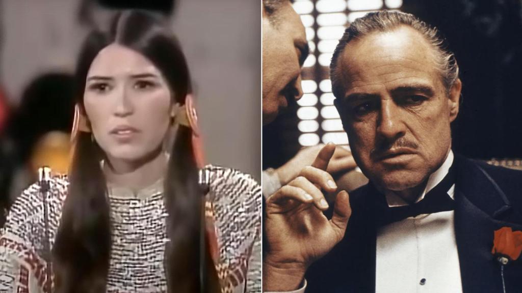 A la izquierda, Sacheen Littlefeather durante su discurso en los Óscar de 1973. A la derecha, Marlon Brando en 'El Padrino'