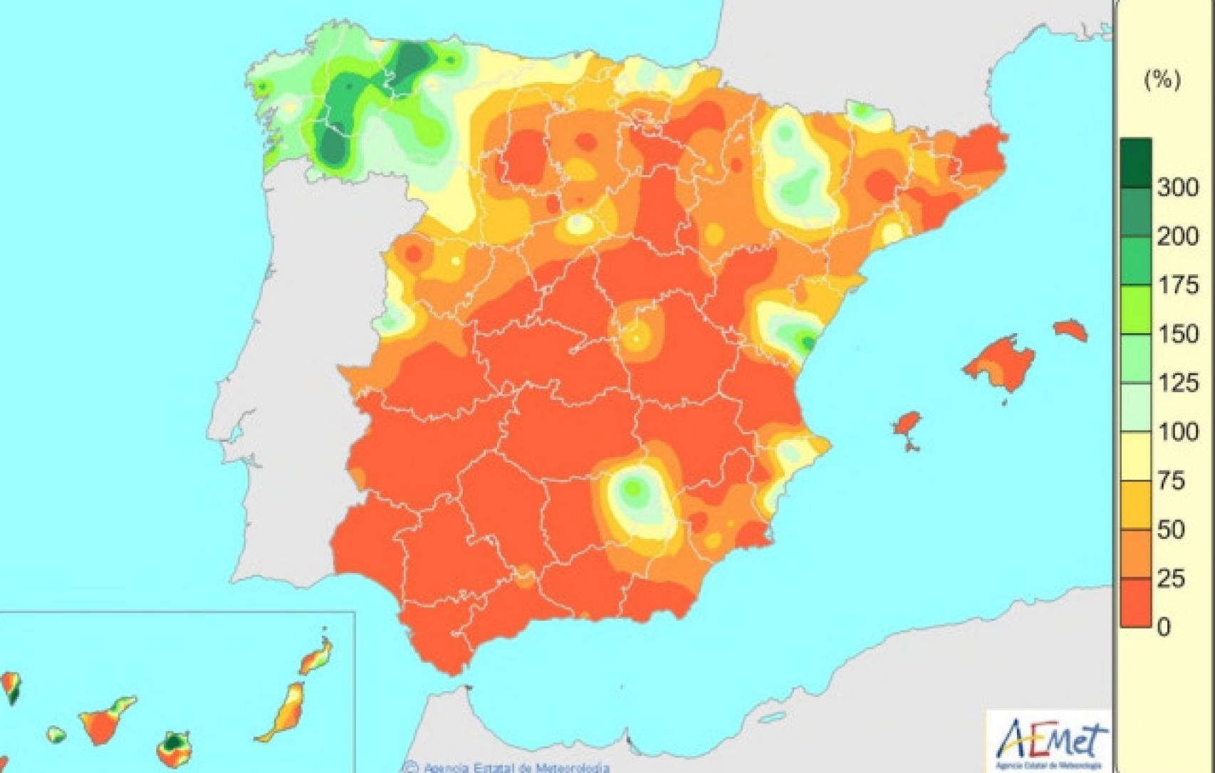 Porcentaje de precipitación del mes de junio de 2022 respecto del valor medio de los meses de junio de la serie de referencia 1981-2010