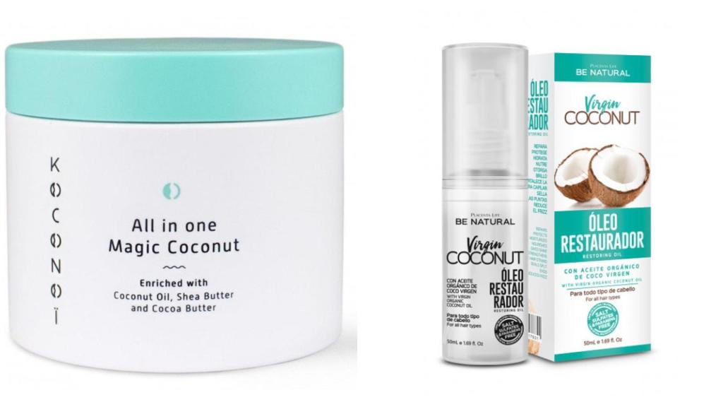 Bálsamo hidratante All in One Magic Coconut de Koconoi y  Aceite Restaurador Virgin Oil de Be Natural.