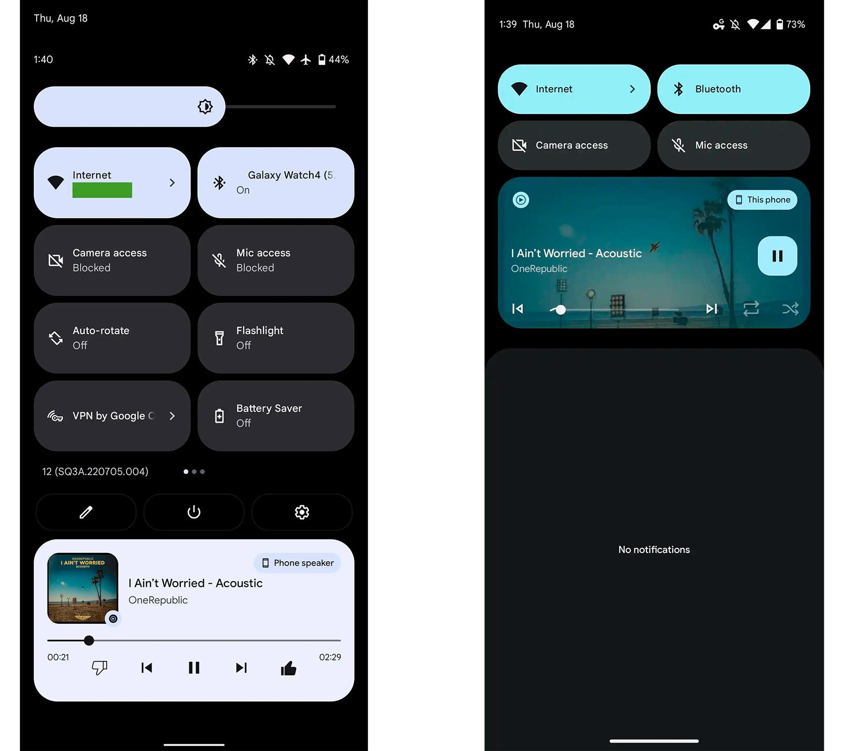 A la izquierda el reproductor de medios en Android 12 y a la derecha el de Android 13
