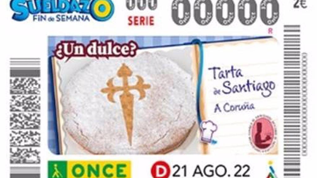 Cupón de la ONCE con la tarta de Santiago.