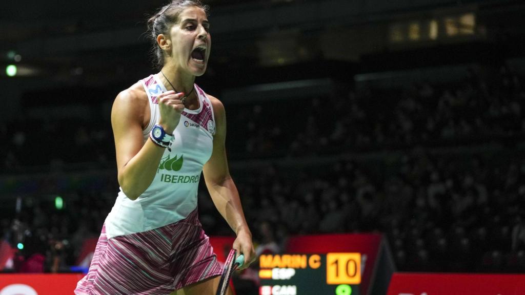 Carolina Marín celebra una victoria en el Mundial de Tokio 2022