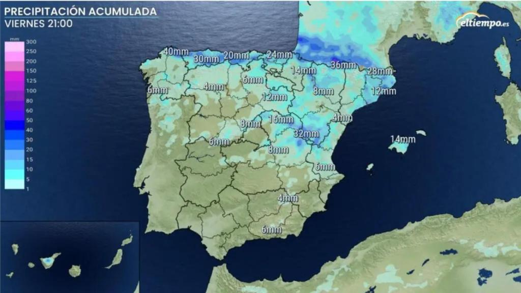 Mapa de precipitaciones acumuladas hasta la noche del viernes.