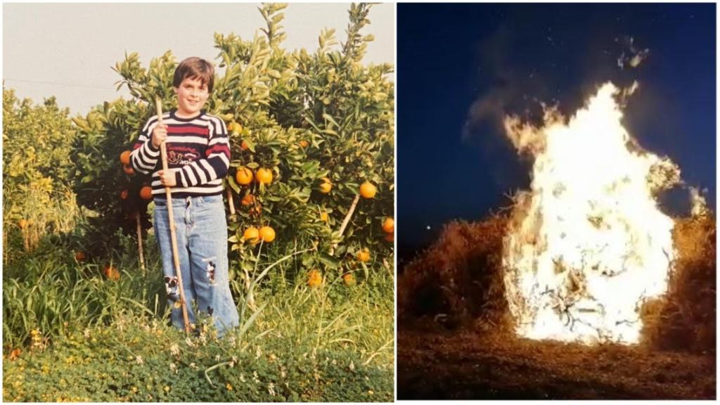 Luis, de pequeño, rodeado de naranjos junto a la imagen de los árboles ardiendo.