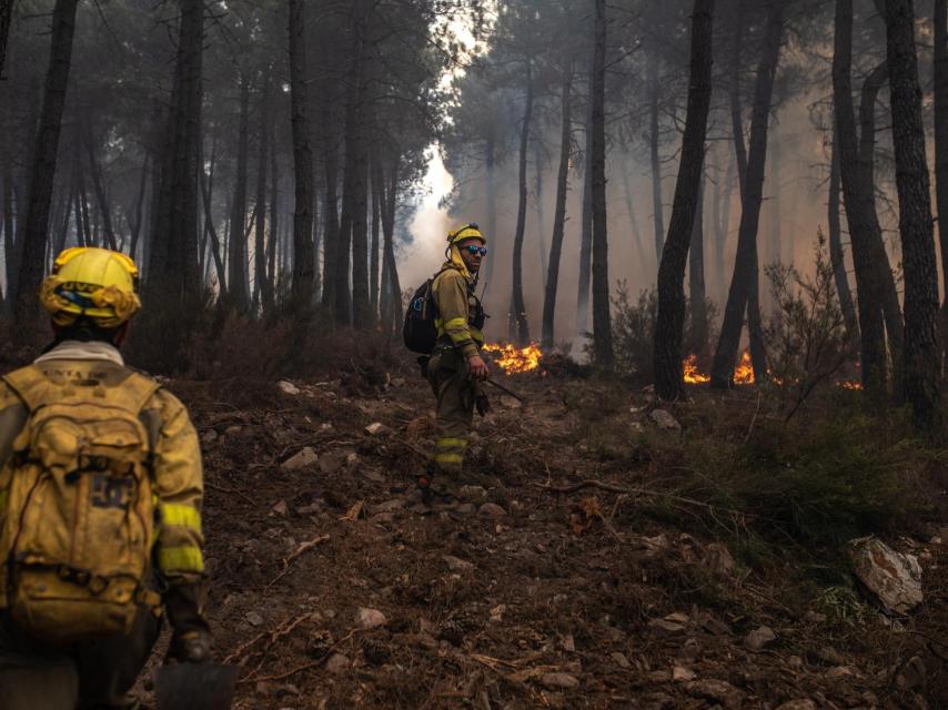 Varios bomberos trabajan en las tareas de extinción de los incendios en la Sierra de la Culebra, en Zamora