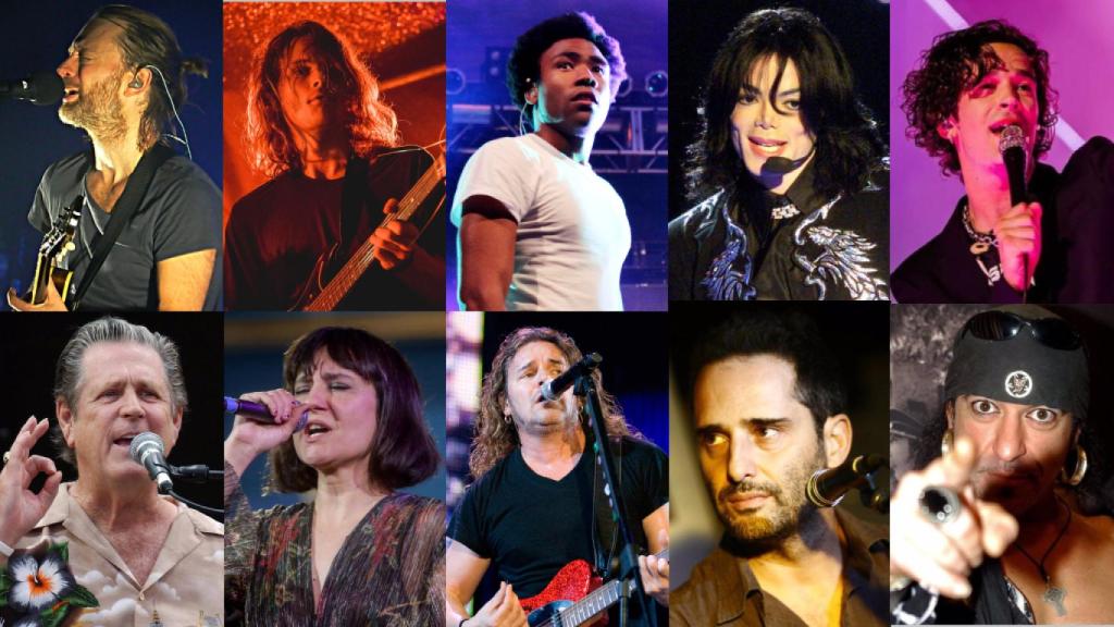 De izquierda a derecha y de arriba a abajo: Thom Yorke (Radiohead), Stu Mckenzie (King Gizzard), Childish Gambino, Michael Jackson, Matt Healy (The 1975), Brian Wilson (Beach Boys), Eva Amaral, Fher (Maná), Jorge Drexler y Txus di Fellatio (Mägo de Oz).