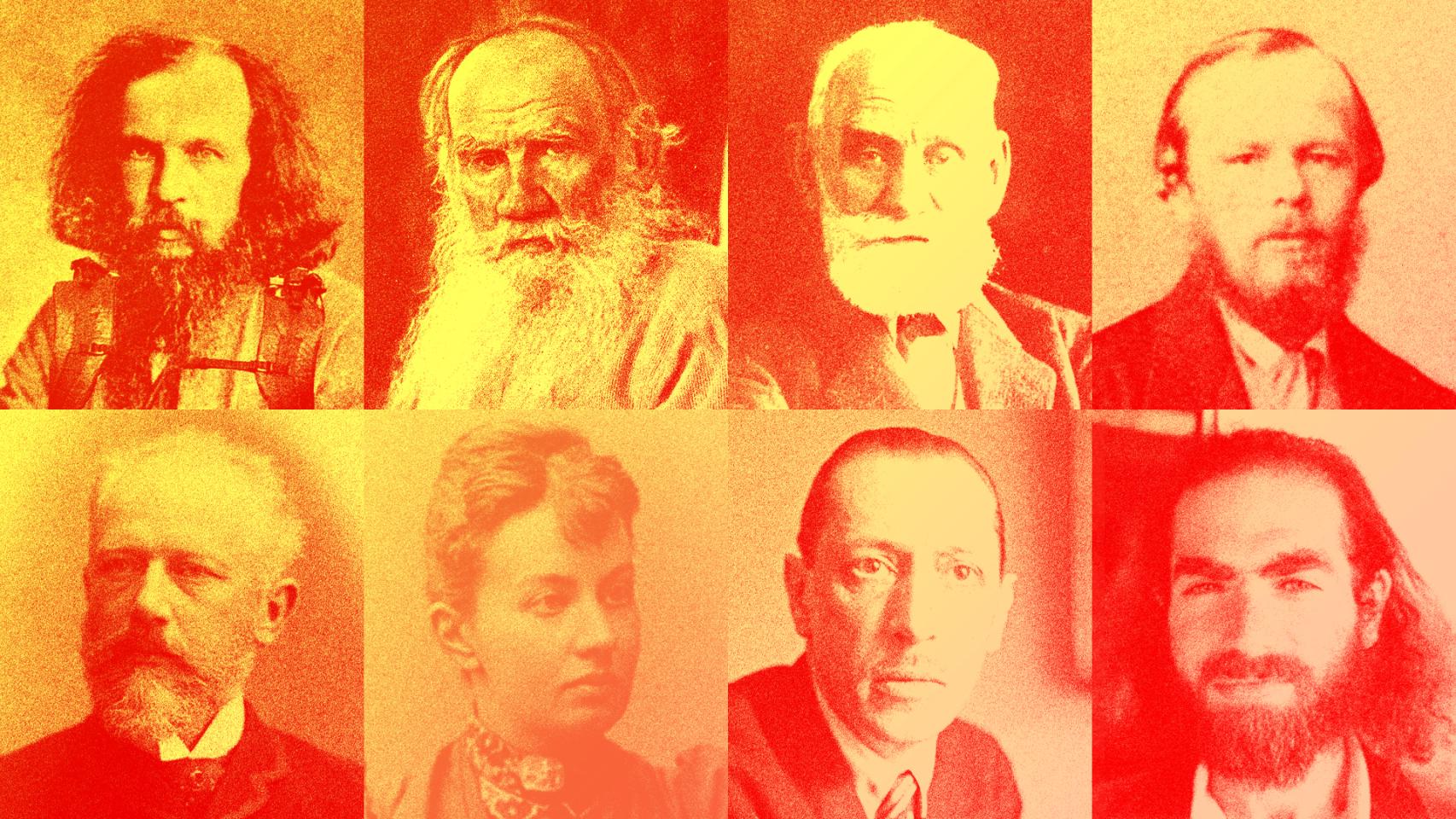 De izquierda a derecha, arriba, Dimitri Mendeléyev, León Tolstói, Iván Pávlov y Fiódor Dostoyevski, Abajo, Piotr Ilich Chaikovski, Sophia Kovalevskaya, Igor Stravinski y Gregori Perlmán