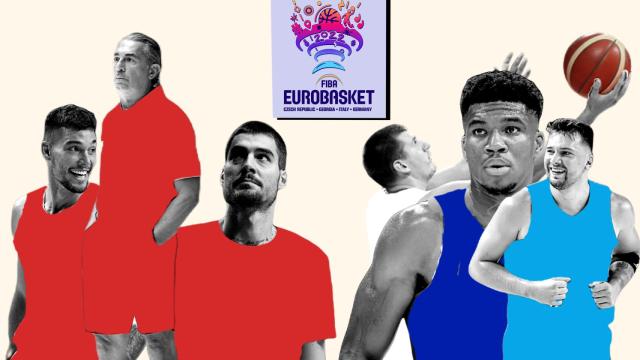 Willy Hernangómez, Sergio Scariolo, Juancho Hernangómez, Nikola Jokic, Giannis Antetokounmpo y Luka Doncic.