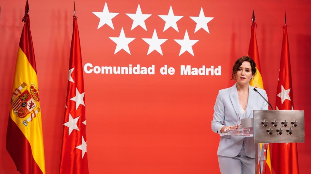 La presienta de la Comunidad, Isabel Díaz Ayuso, durante su comparencia de este 31 de agosto.