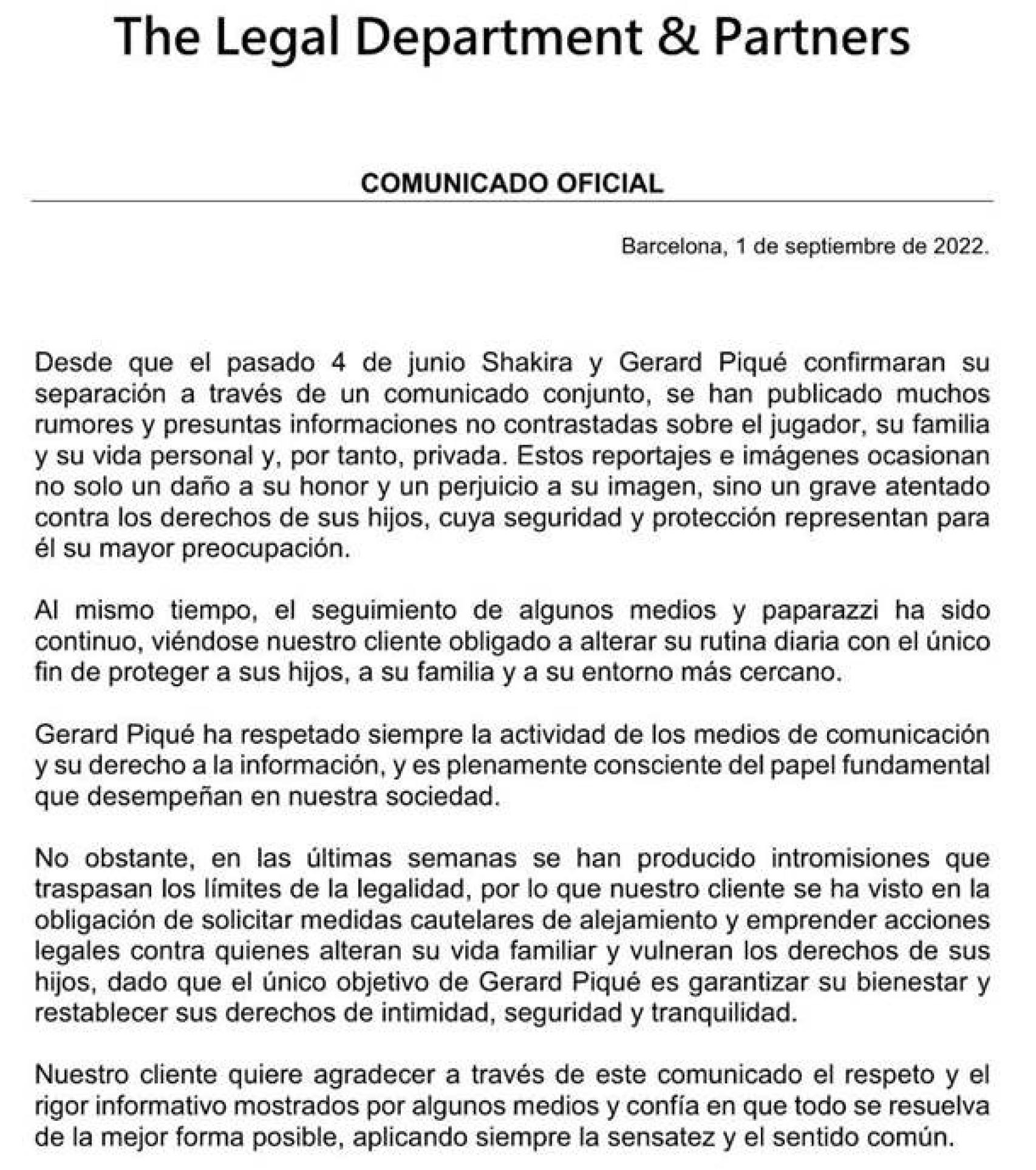 Comunicado del bufete de abogados de Gerard Piqué.
