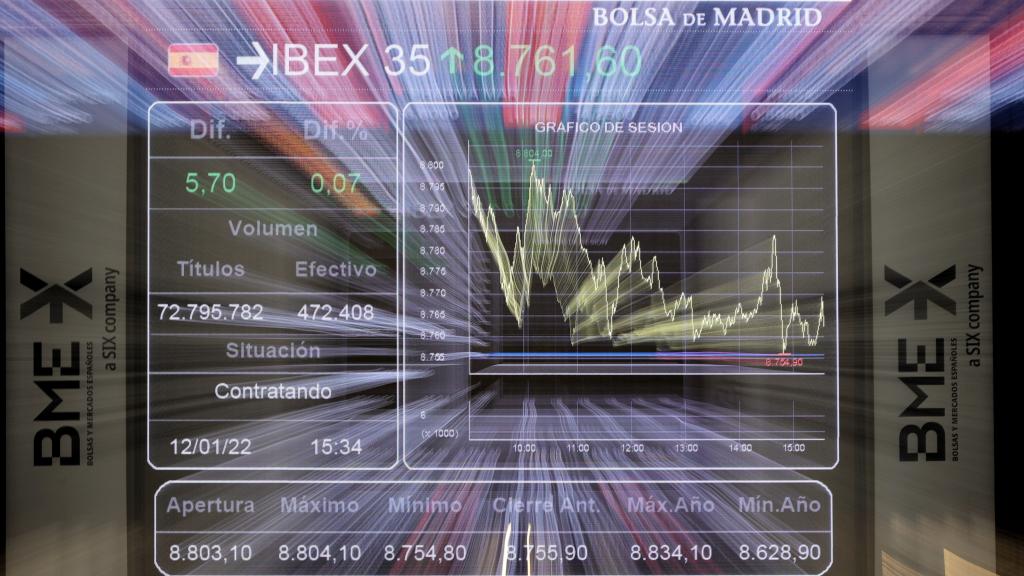 Un panel del Ibex en el Palacio de la Bolsa de Madrid.