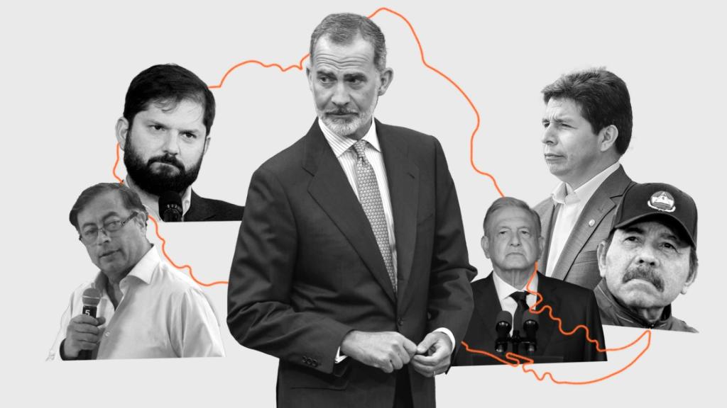 Felipe VI, rodeado (de izq. a dcha.) por Gustavo Petro (Colombia), Gabriel Boric (Chile), Andrés Manuel López Obrador (México), Pedro Castillo (Perú) y Daniel Ortega (Nicaragua).