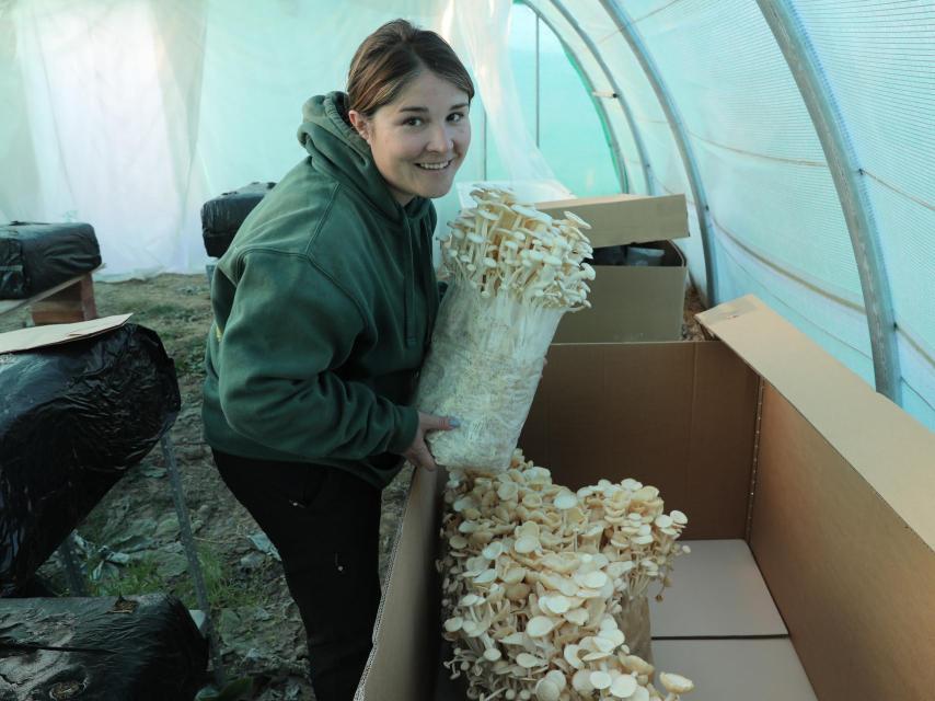 Nazaret Mateos, en el invernadero donde trabaja cultivando setas