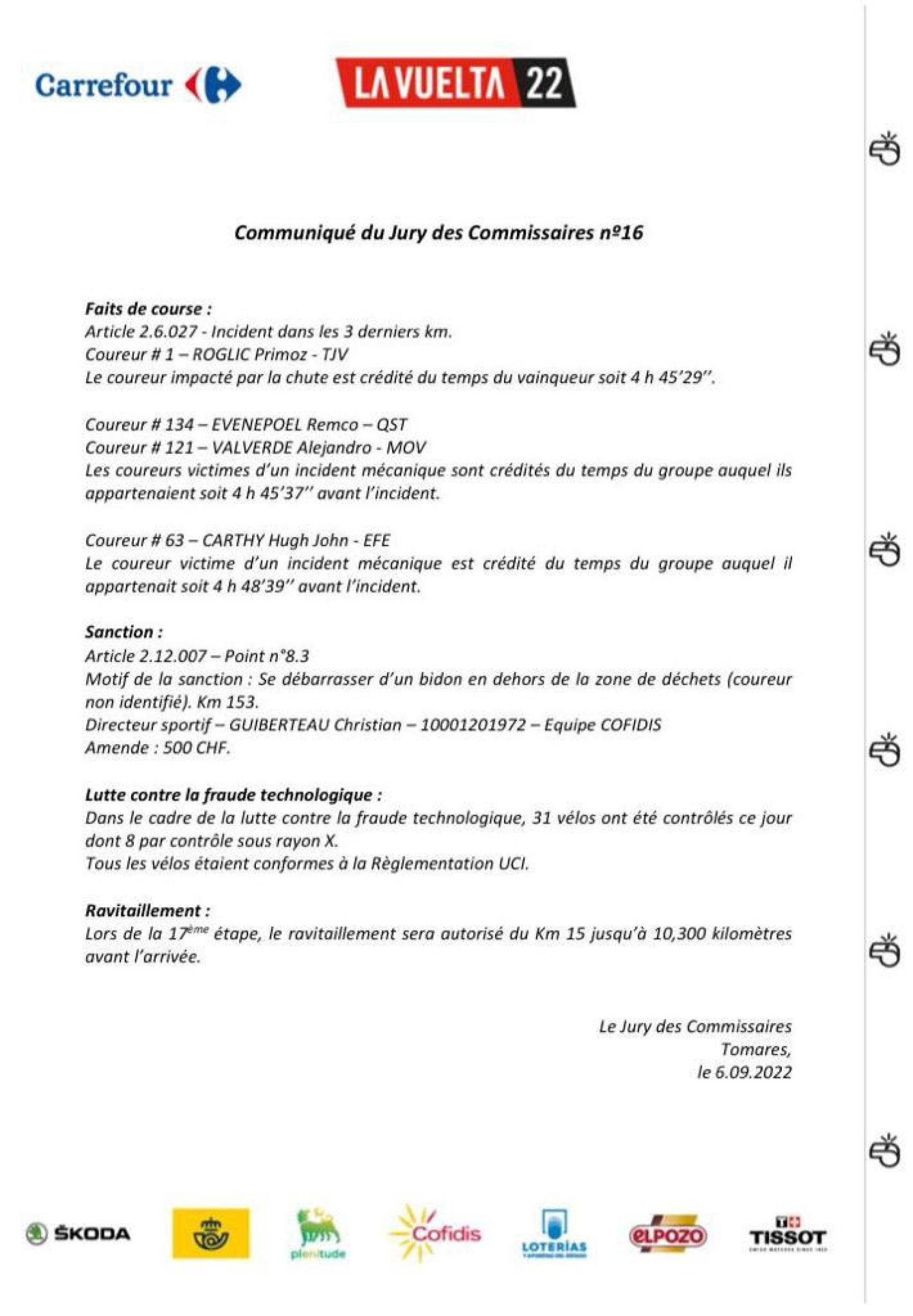 El informe del jurado técnico aclarando que le aplican la regla de los tres últimos kilómetros a Remco Evenepoel.