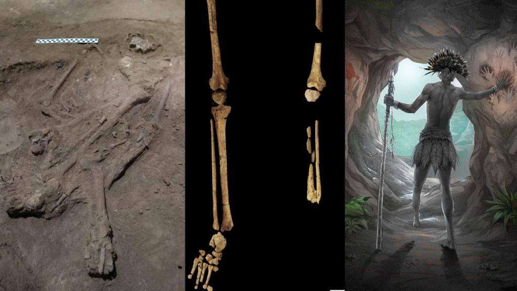 Enterramiento del individuo de Liang Tebo, imagen de su pierna izquierda amputada y reconstrucción de su imagen. Foto: Jose Garcia (Garciartist), Griffith University.