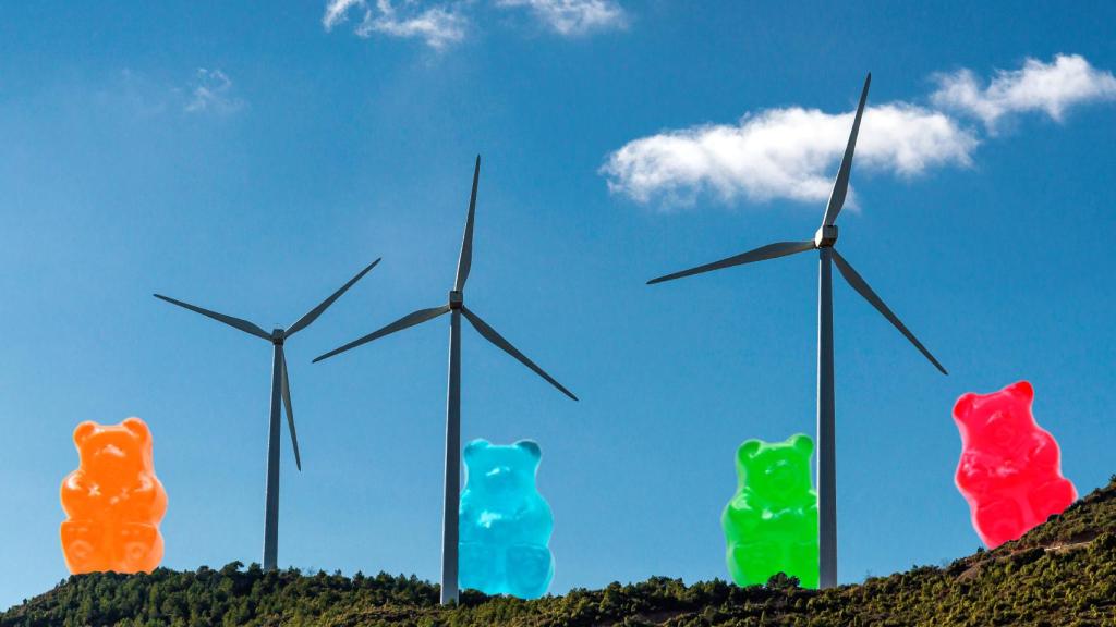 Montaje de turbinas de viento con ositos de goma