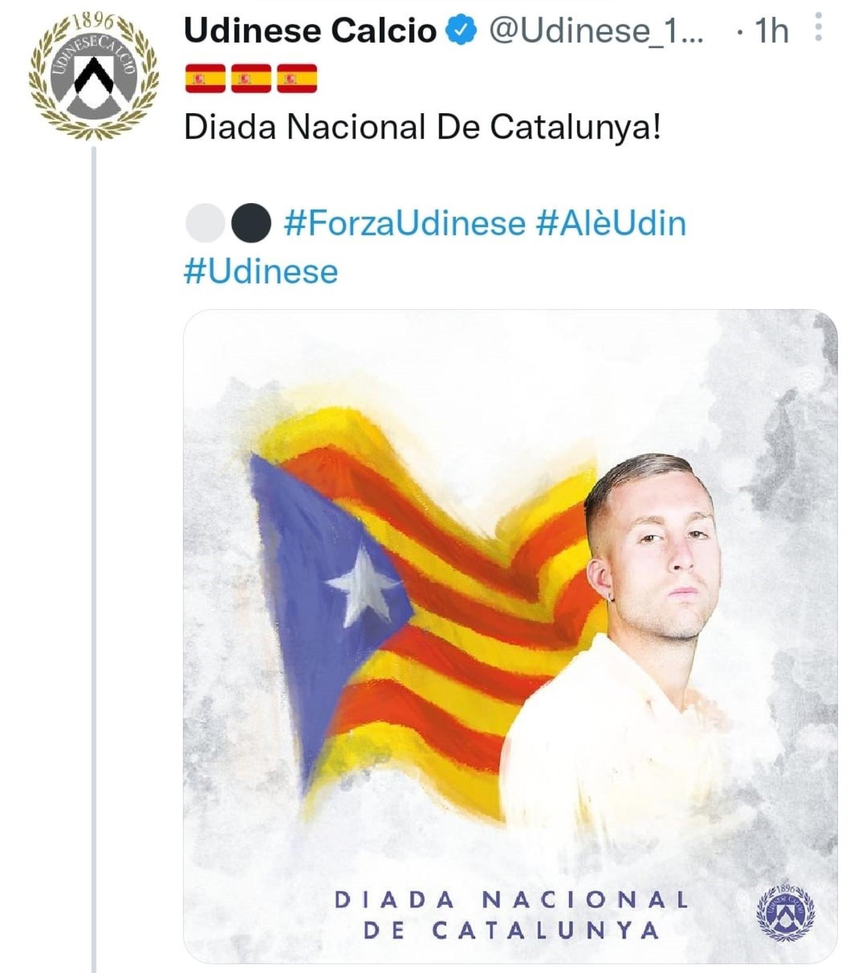 La felicitación del Udinese a Deulofeu por la Diada