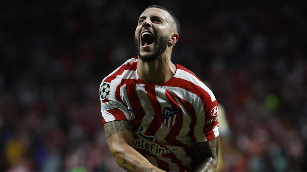 Mario Hermoso, celebrando un gol con el Atlético de Madrid en la temporada 2022/2023