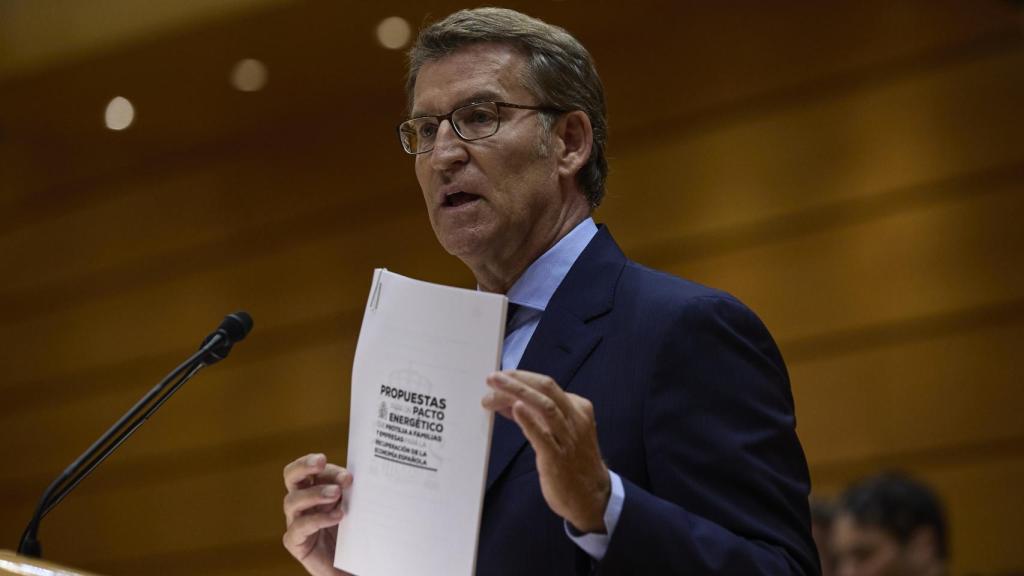 Feijóo, en la tribuna del Senado, con el documento de propuestas de ahorro energético.