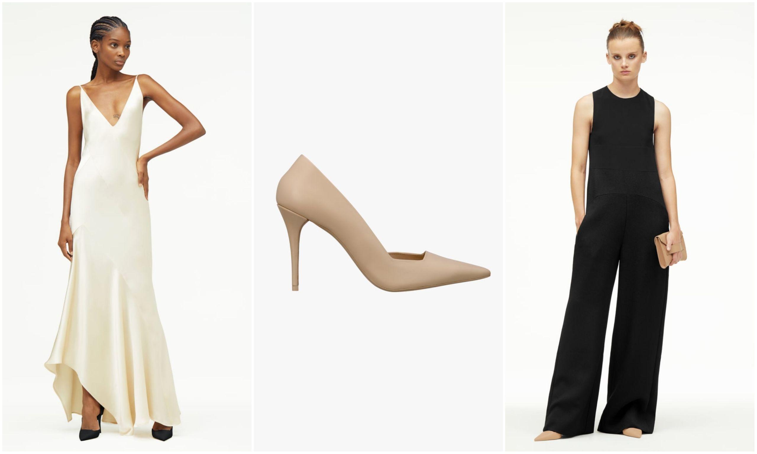 Vestido lencero, zapatos de piel y bolso de piel