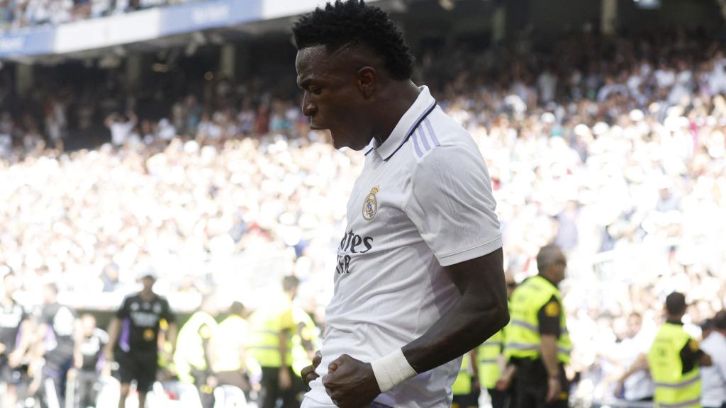 Vinicius Júnior, celebrando un gol con el Real Madrid en el Santiago Bernabéu