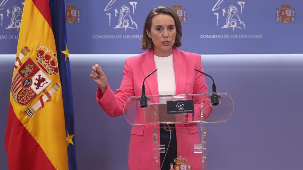 La secretaria general del Partido Popular, Cuca Gamarra, interviene en una rueda de prensa en el Congreso de los Diputados.
