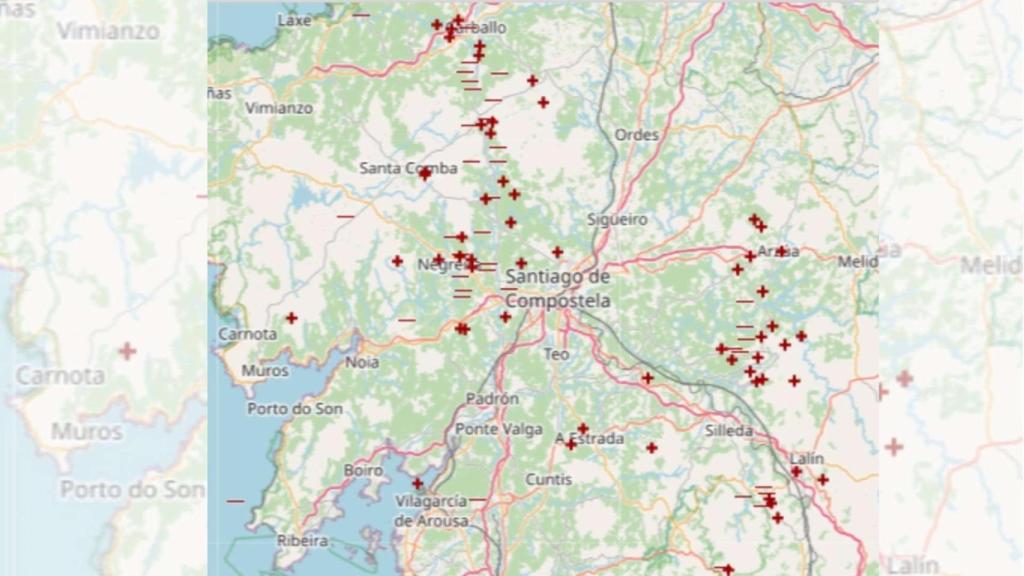 Mapa de los rayos caídos en Galicia por la borrasca Danielle