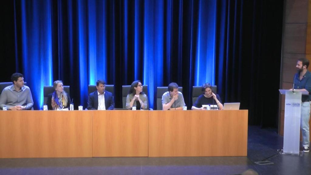 De izquierda a derecha: Jose Carlos Pulido, CEO de Inrobics; Becca Latter, project manager del Observatorio Social de la Fundación ‘la Caixa’;  Juan Lluch, director de BTESA ;  Helena Soleto, investigadora del grupo Negociación, Mediación y Resolución de Conflictos de la UC3M;  Jorge Martínez, investigador del grupo Tecnologías Apropiadas para el Desarrollo Sostenible de la UC3M; y  Belén Ruiz, investigadora del grupo Human Language and Accessibility Technologies (HULAT) de la UC3M.