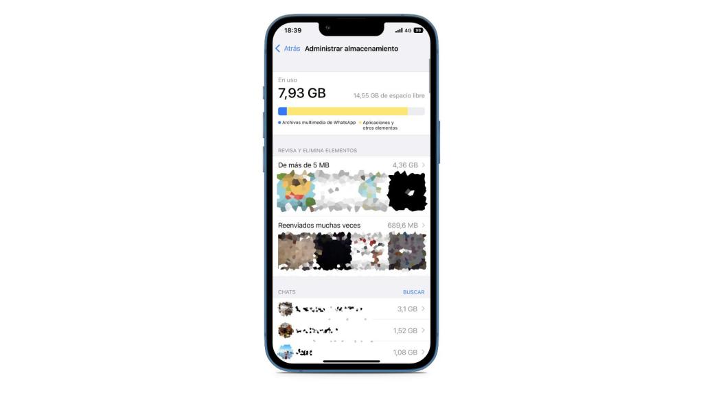 La función de 'Administrar almacenamiento' permite liberar espacio.