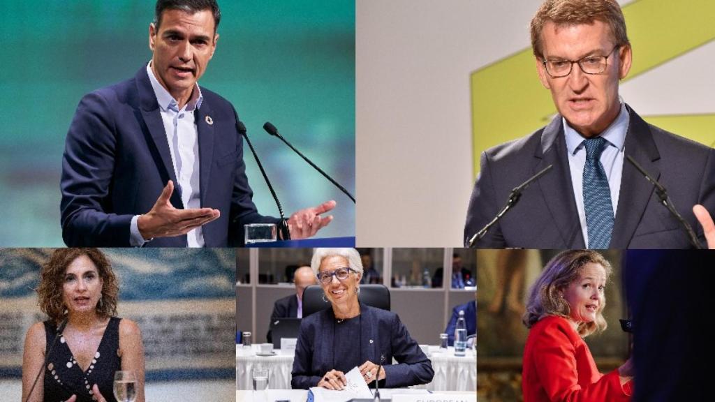 Pedro Sánchez, Alberto Núñez Feijóo, María Jesús Montero, Christine Lagarde, Nadia Calviño.