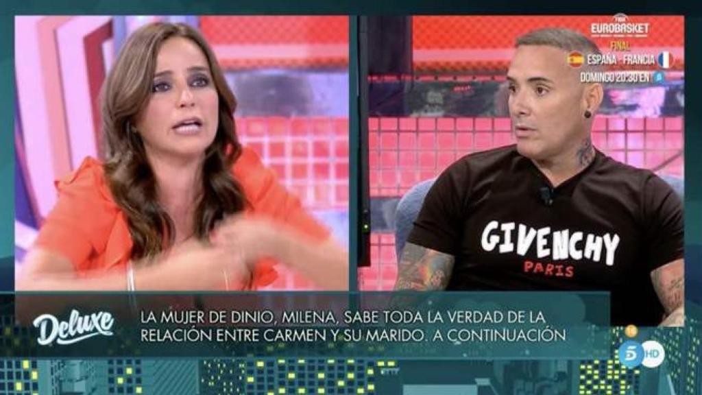 Carmen Alcayde y Dinio discutiendo sobre una presunta noche de pasión