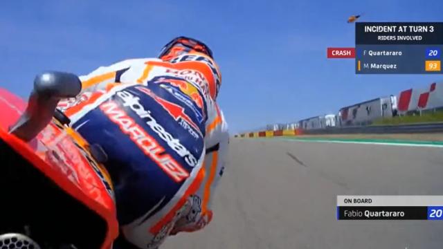 La Honda de Marc Márquez desde la cámara de Qartararo antes de su toque