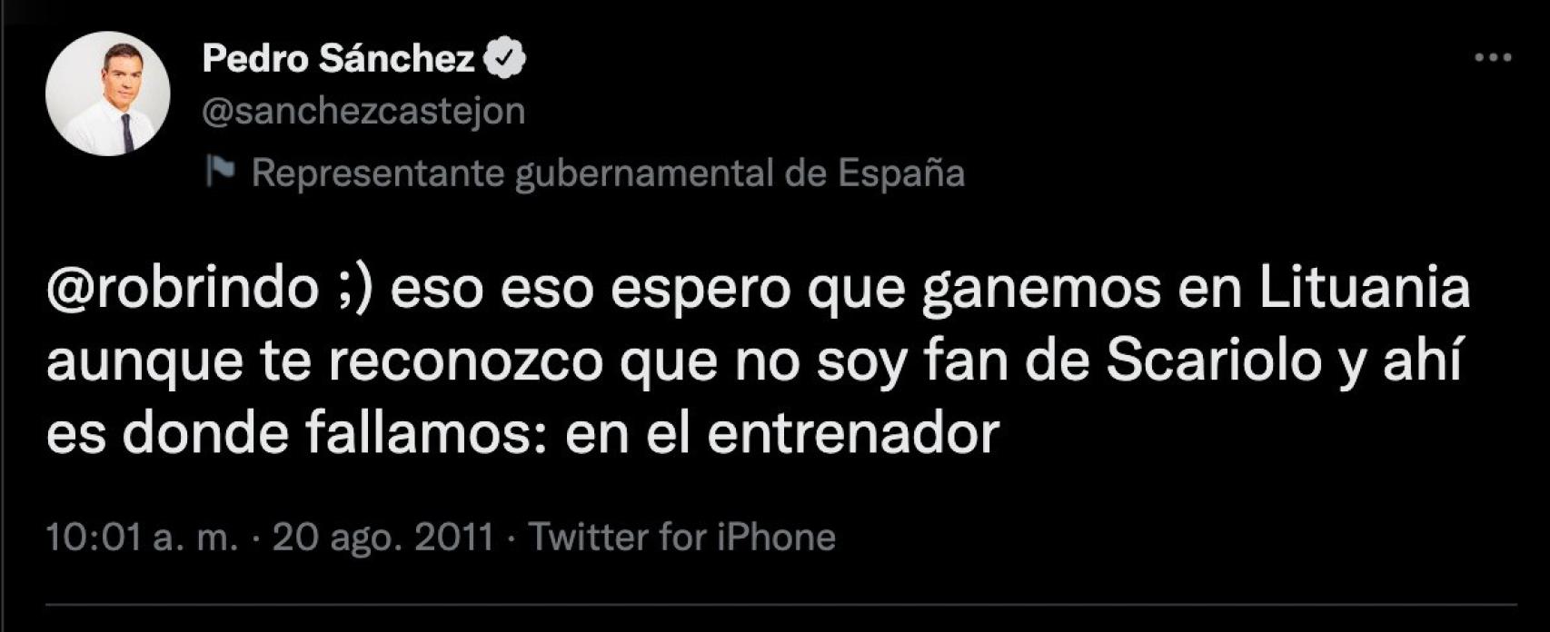 La publicación de Pedro Sánchez en Twitter sobre Sergio Scariolo en 2011 antes de comenzar el torneo.