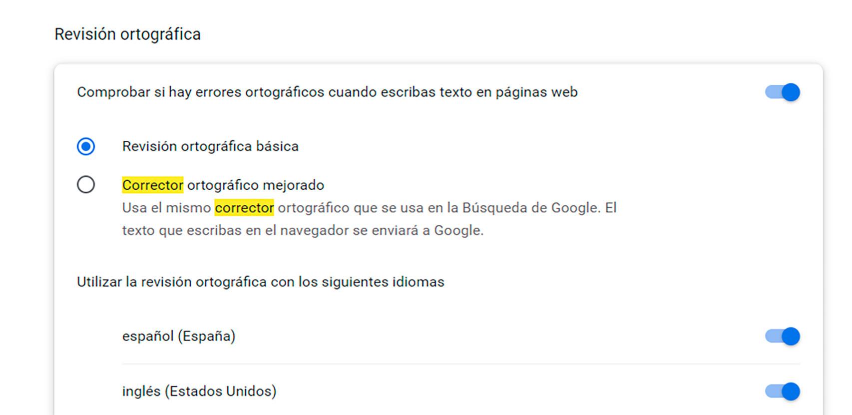 El ajuste del Corrector ortográfico mejorado