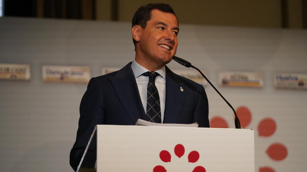 El presidente de la Junta de Andalucía, Juanma Moreno, en un desayuno informativo en Madrid.